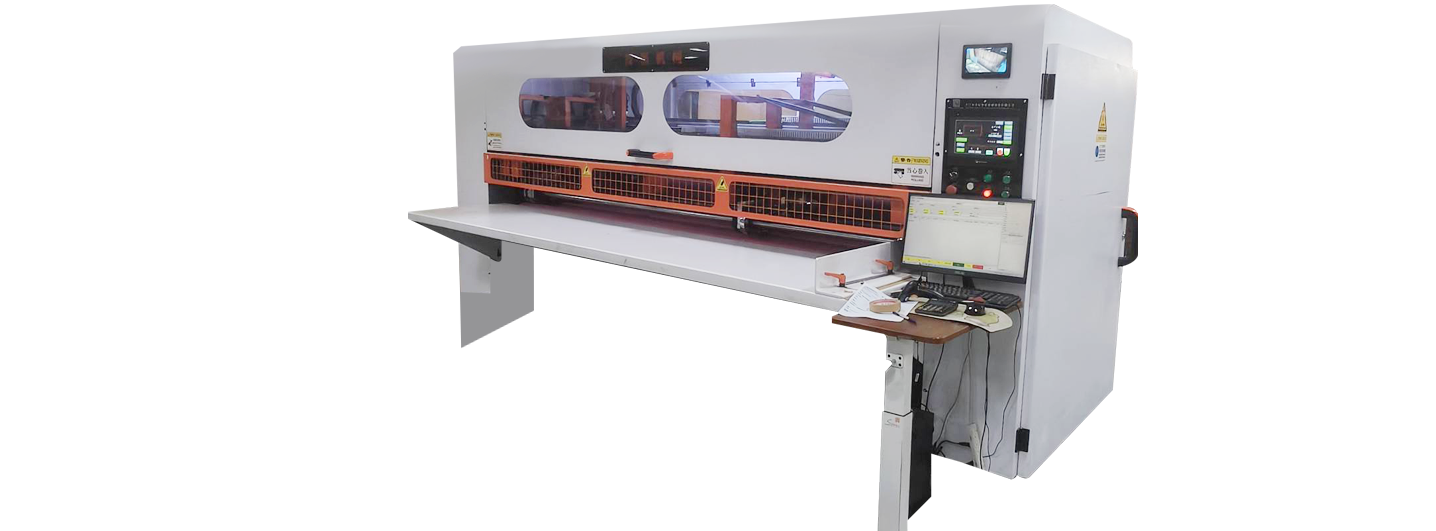 智慧分紙機-透過掃描條碼的方式，迅速將薄刀移動至指定尺寸，不再需要手動調整，大大地節省了換單換尺寸的時間，提升了許多生產效率